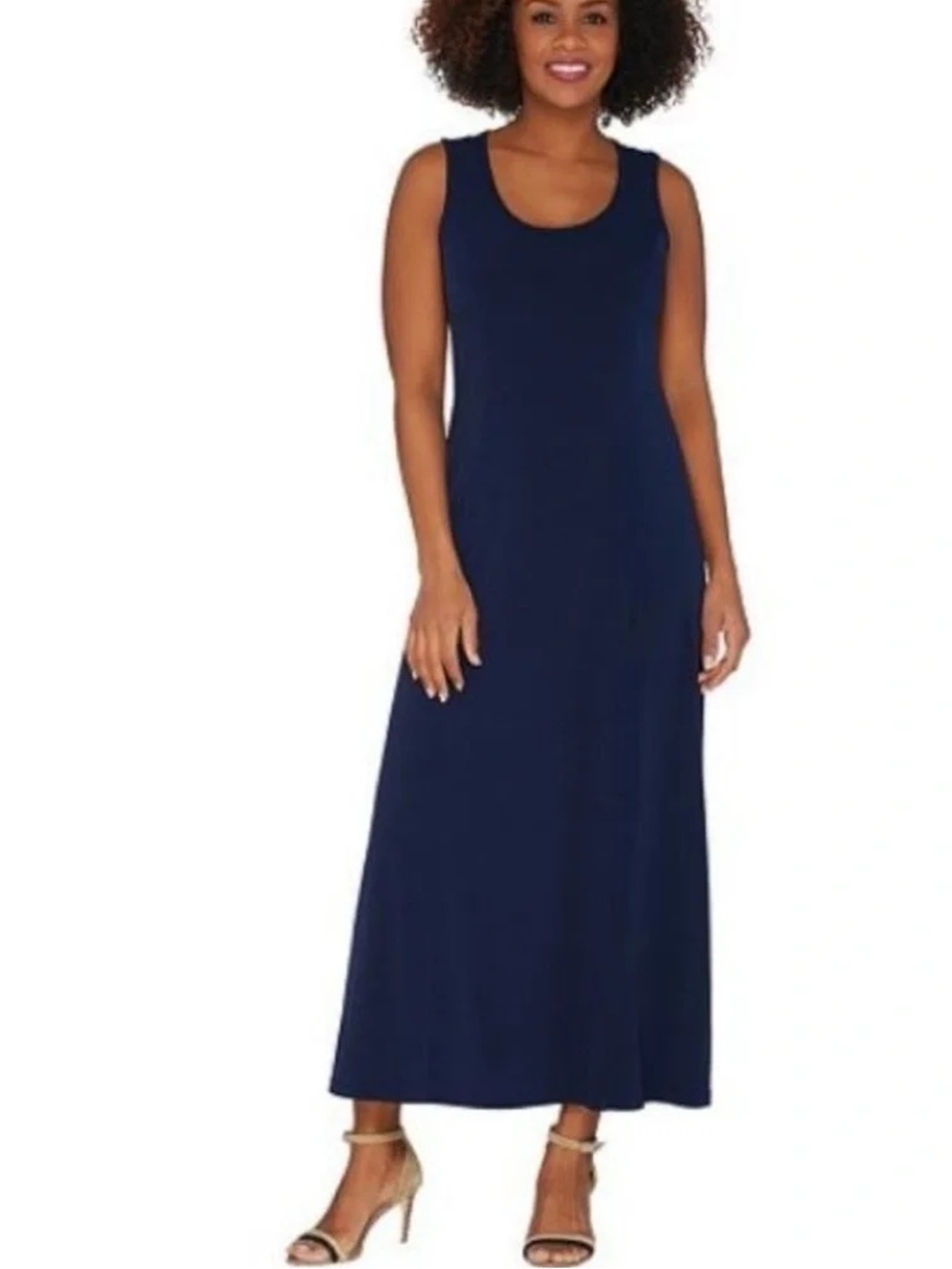 Susan Graver Liquid Knit Sleeveless Maxi Dress Size Large Navy Blue A303412